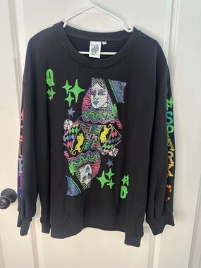 QUEEN OF SPARKLE Black Sequin Neon Queen Card Graphic Sweatshirt Size Large NWOT